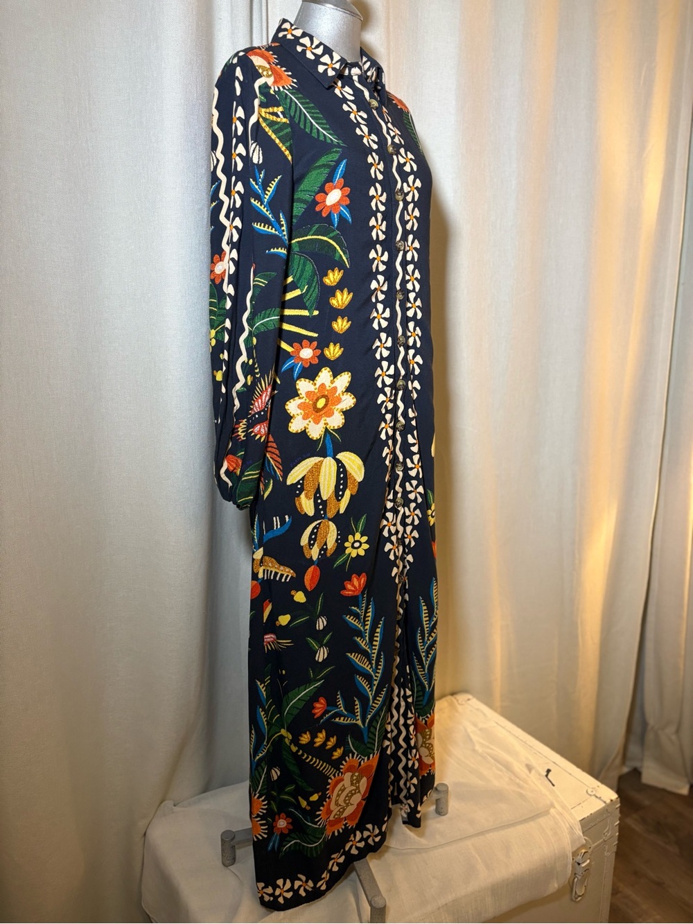 Farm Rio x Anthropologie Embroidered Floral Bird Maxi Shirt Dress 100% Viscose S - Picture 10 of 16